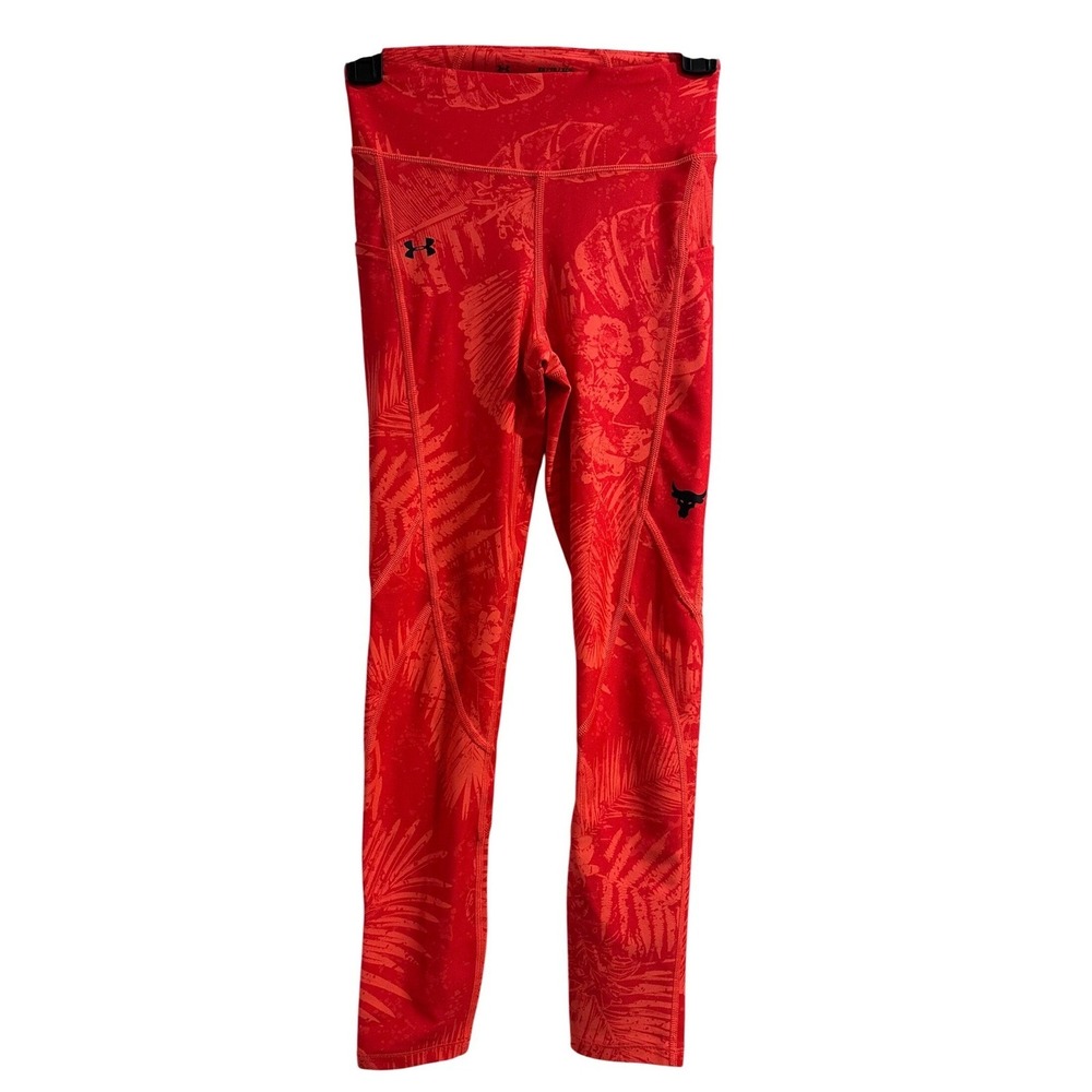 Under Armour Project Rock HeatGear Tropical Palm Print Leggings Red Womens XS